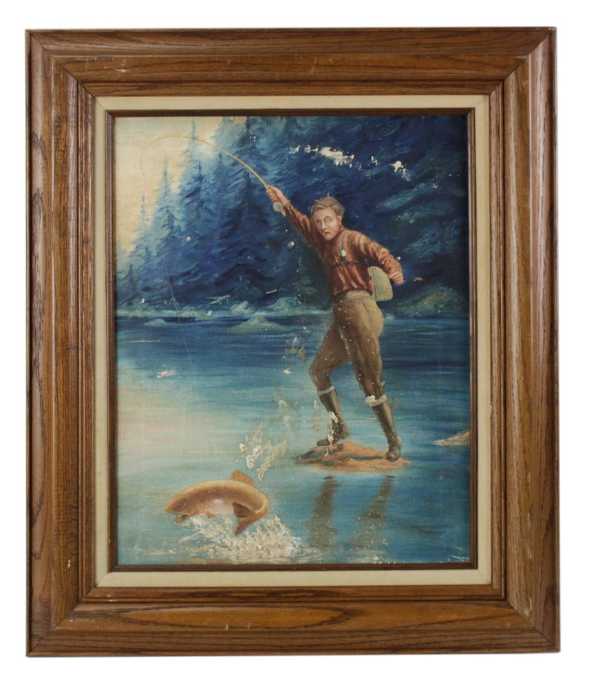 Illustration, Fly Fisherman Catching Salmon, Oil on Canvas (1 of 8)