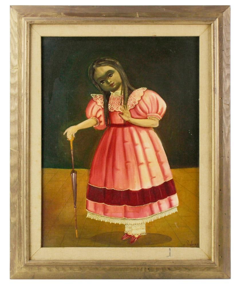 Agapito Labios, Young Girl Holding Umbrella: Agapito Labios (Mexican, 1898-1996), young girl holding umbrella, signed A. Labios, oil on canvas, 22" x 17", framed 28" x 23". Provenance: Morehaven, Florida collection.