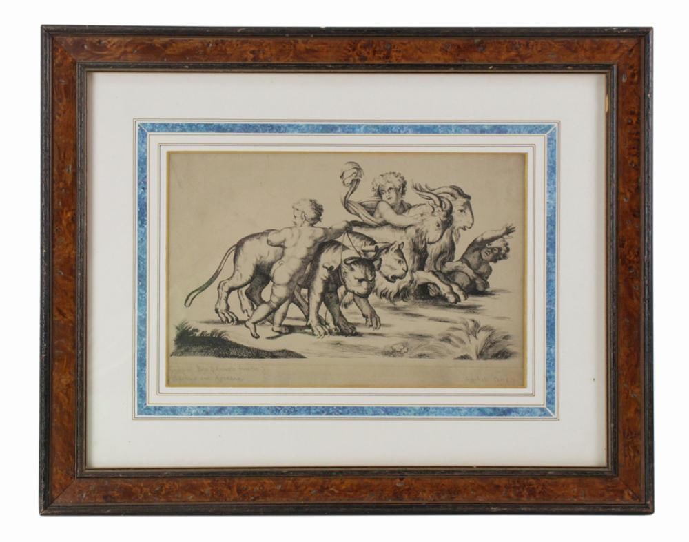 Annibale Carracci, From Triumph of Bacchus and Ariadne: Annibale Carracci (Italian, 1560-1609), "Group of Boys and Animals" from "Triumph of Bacchus and Ariadne", copper plate engraving, 9" x 13", framed 13" x 23". Provenance: Lynnfield, Massachusetts coll