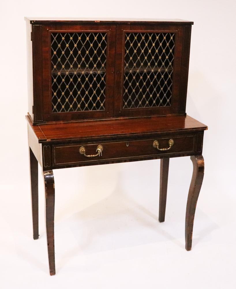 Mahogany Secretary Desk with Fine Inlay: Mahogany secretary desk having fine inlay, 32" H x 18 1/2" x 37". Provenance: Southern Connecticut collection.