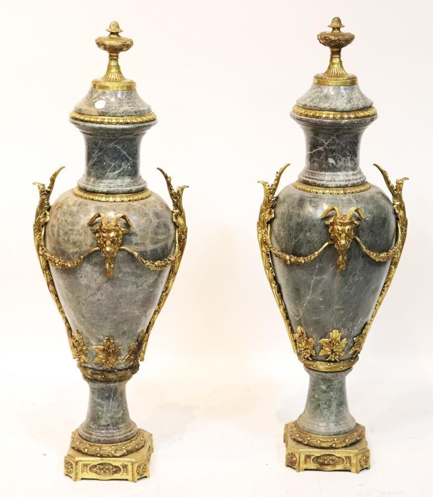 Pair of Italian Gilt Bronze Green Marble Urns: Pair of Italian gilt bronze green marble urns, 45" x 15". Provenance: Southern Connecticut collection.