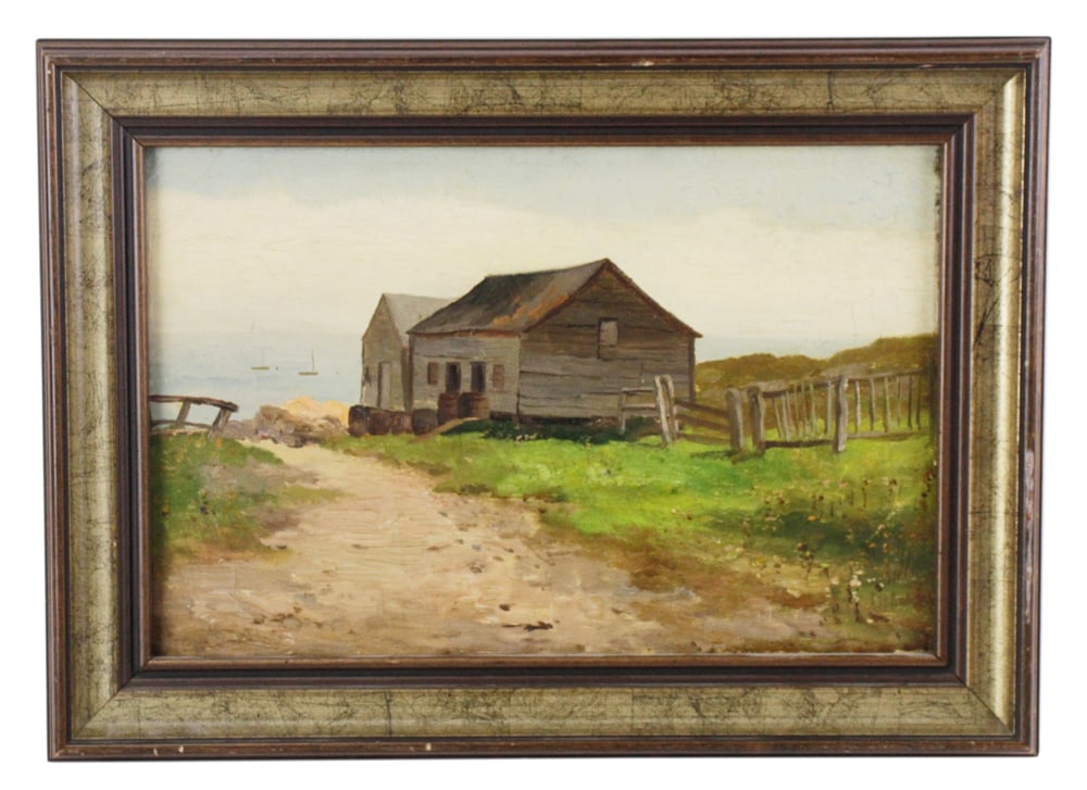 Bryant Chapin, Roadway and Fish Houses, New Brunswick: Bryant Chapin, roadway and fish houses, Grand Manan, New Brunswick, oil on canvas, dated 1891 verso, 11" x 16", framed 14" x 20". Provenance: South Hamilton, Massachusetts collection.