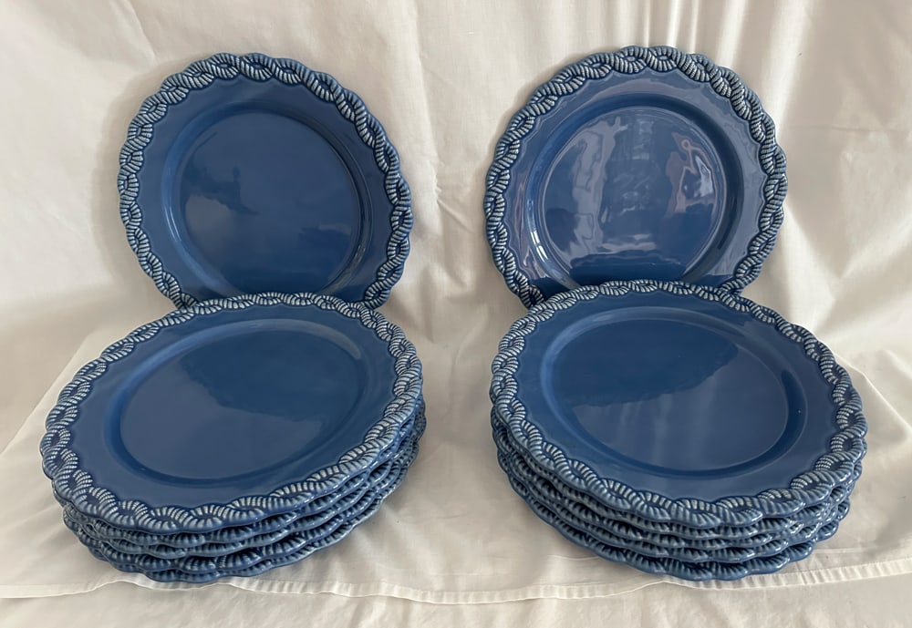 Blue Plates with Twisted Rope Design, Portugal: Group of blue plates with twisted rope design, Portugal, 12" diameter, (12) total. Provenance: Estate of Howard D. Monroe, Jr., West Palm Beach, Florida.
