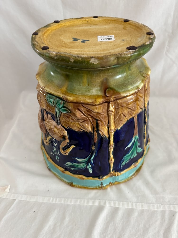 Majolica Planter with Bamboo and Crane Design: Majolica planter with bamboo and crane design, 10 1/4" x 10 1/4". With a crack. Provenance: Estate of Howard D. Monroe, Jr., West Palm Beach, Florida.
