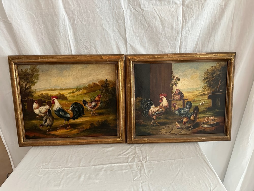 Pair of Painting of Roosters and Chickens: Pair of paintings of roosters and chickens, oil on canvas, 15" x 19", framed 19" x 22". Provenance: Estate of Howard D. Monroe, Jr., West Palm Beach, Florida.