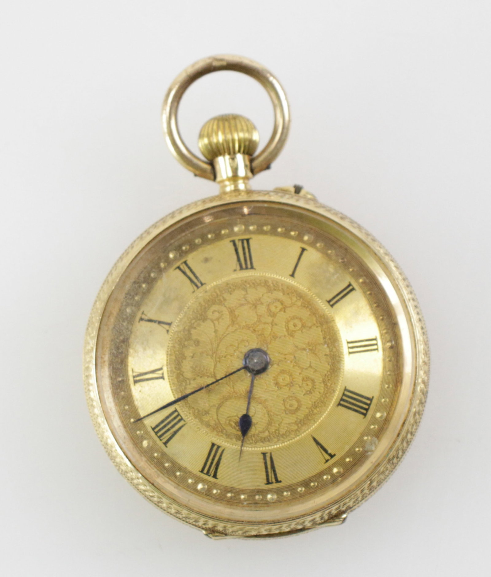 18k Yellow Gold Ladies' Pocket Watch: 18k yellow gold ladies' pocket watch with no maker's name, 1 3/8" diameter. Approximately 34.8 grams (including movement). Operational condition unknown. Provenance: Estate of Howard D. Monroe, Jr., W