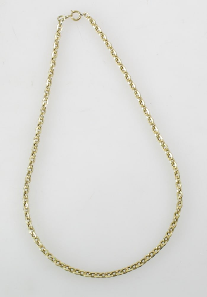 14k Yellow Gold Chain: 14k yellow gold chain, 20 1/2" L. Note: This piece has a 1/20th 12k gold-fill clasp, but the chain tests 14k. Approximately 14.4 grams TW. Provenance: Estate of Howard D. Monroe, Jr., West Palm Beach,