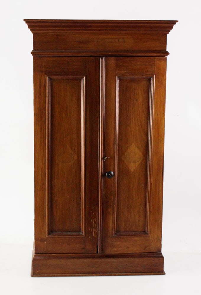 Romeo Y Julieta Cigar Cabinet, Havana: Romeo Y Julieta Cigar cabinet, Havana, having two doors and three shelves, with key, 31" H x 17" W x 10" D. Provenance: Denver, Colorado collection.