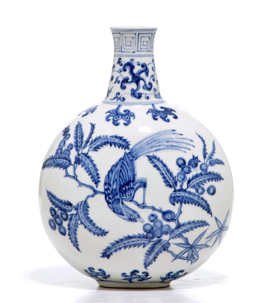 Chinese Blue and White Moon Flask Vase: Vase potted with a compressed round body and painted with phoenix amongst cherry branches in a Heaped and Piled effect, Xuande mark. 11 13/16" H (30 cm).