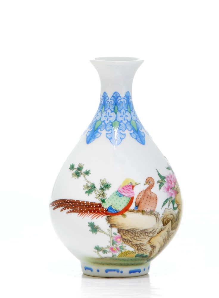 Rare Chinese Falangcai-Style Vase: Finely potted vase decorated with pair of pheasants on scholar rocks with peony blossoms, Yongzheng mark. 6 1/2" H (16.5 cm).
