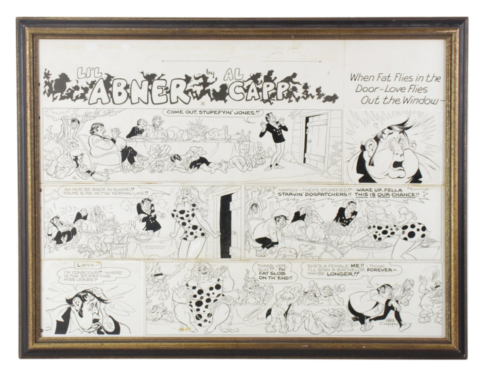 Al Capp Li'l Abner Original Cartoon with Dedication: Al Capp (1909-1979), Li'l Abner original cartoon, "When Fat Flies in the Door - Love Flies Out the Window", dated 9-27-1970 with dedication "To Father Shmarak - who was my model unwilling, unauthorize