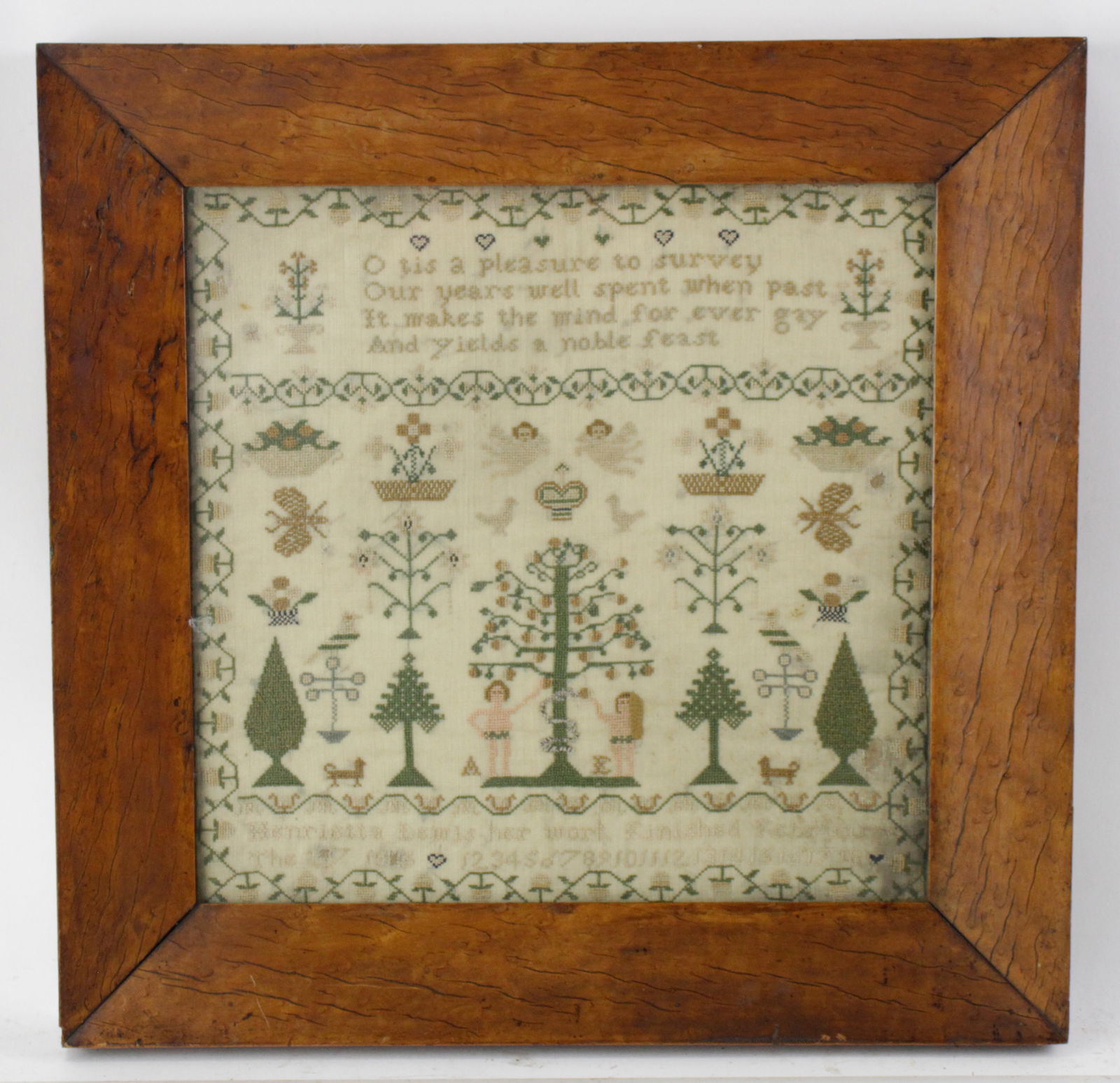 Sampler by Henrietta Lewis: Sampler by Henrietta Lewis, in birdseye frame 17" x 18". Provenance: The Ferraro Collection, Wakefield, Massachusetts.