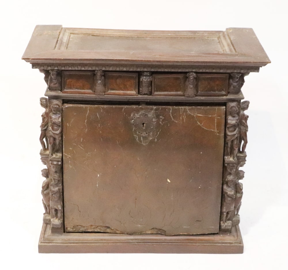 17thC Baroque Bambocci or Vargueno Cabinet: 17th century Baroque Bambocci or Vargueno cabinet, 28" H x 29" W x 14" D. Provenance: Melrose, Massachusetts, collection.