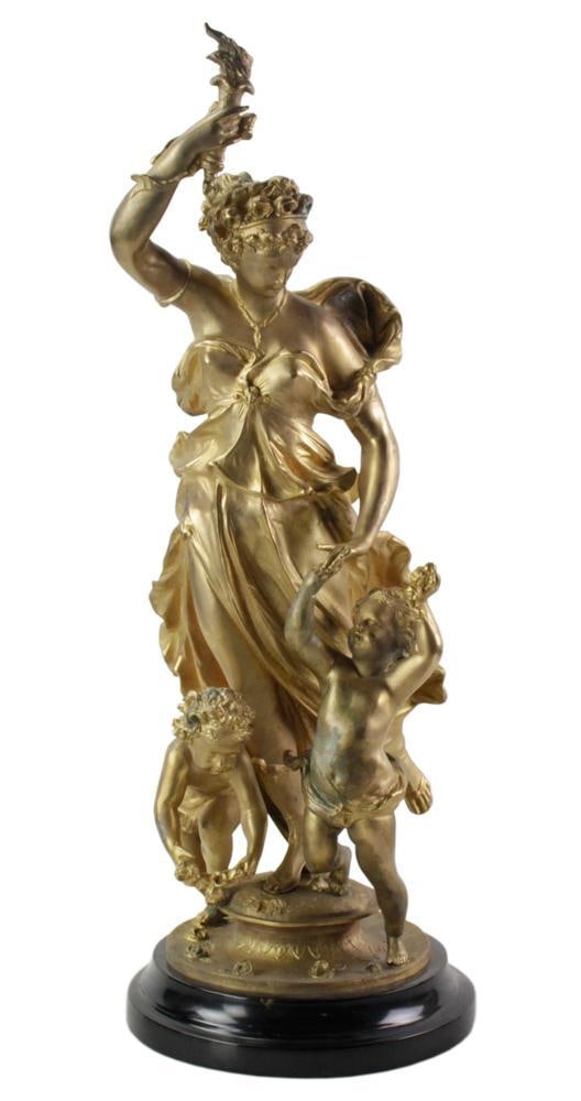 Poitevin, Bronze Sculpture, Woman with Cupids: Bronze sculpture of woman holding torch, with cupids at her feet, signed Poitevin (Auguste Poitevin, 1819-1873), on black marble base, 26" H x 10" W. Provenance: Palm Beach, Florida estate.