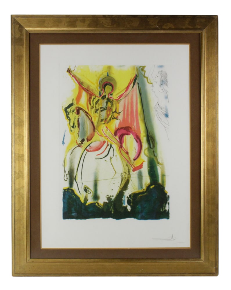 Salvador Dali, "Le Cavalier Triomphant": Salvador Dali, "Le Cavalier Triomphant", horse with rider and nude woman, print, 29" x 21", framed 39" x 30". Provenance: Elizabeth, Colorado collection.