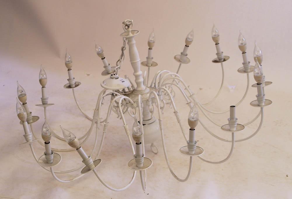 White 16-Light Chandelier: White 16-light metal chandelier, 24" H x approximately 45" diameter. Provenance: Palm Beach, Florida estate.