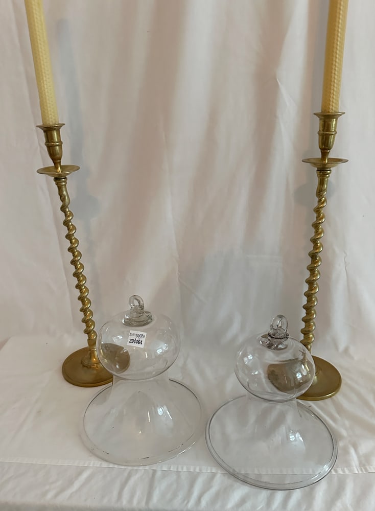Pair of Brass Rope-Turned Candlesticks, Glass Bells (1 of 3)