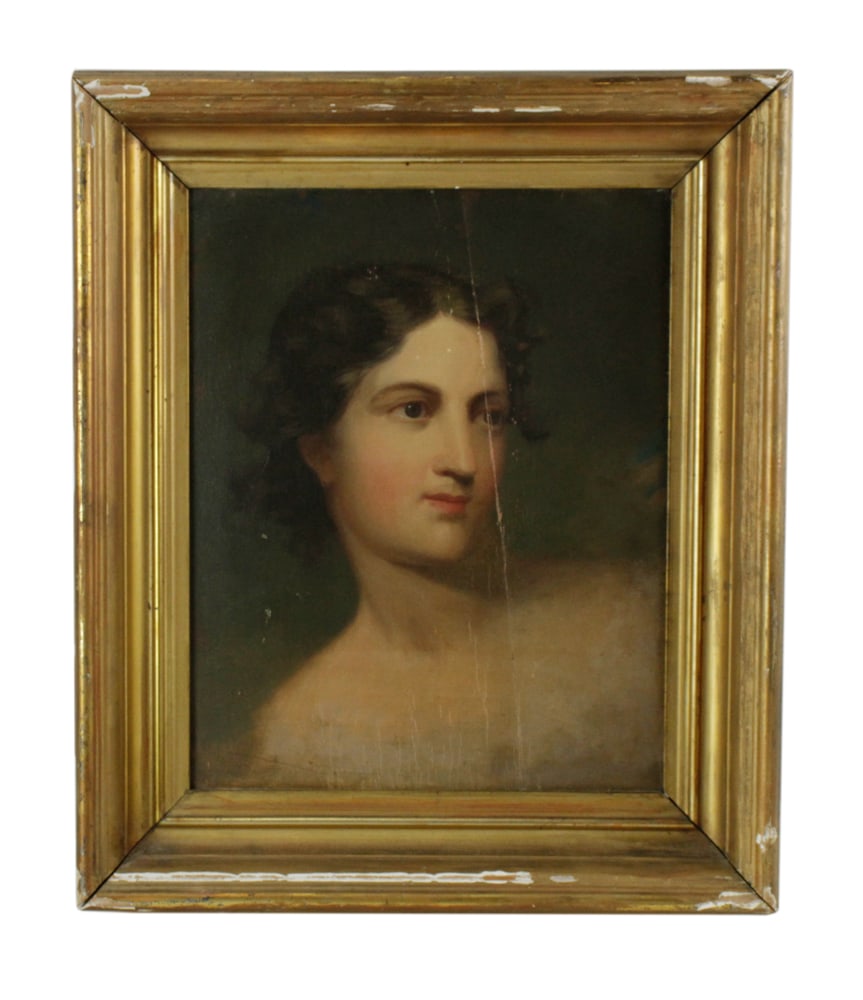 Attributed to Thomas Sully, Portrait of Woman: Attributed to Thomas Sully (1783-1872), portrait of a woman, oil on board, 15" x 12 1/2", framed 22" x 18". Split to panel. Provenance: Ipswich, Massachusetts collection.