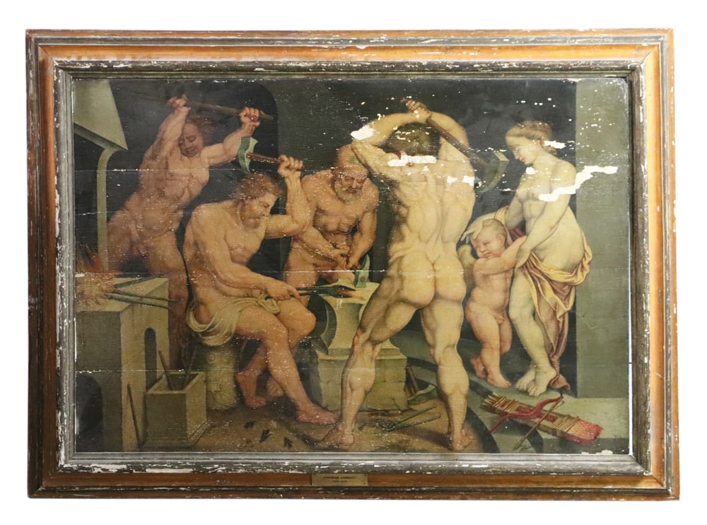 Annibale Carracci, Vulcan Forging Arms of Mars: A. (Annibale) Carracci (Italian, 1560-1609), described verso as Vulcan, Polyphemus and Hercules forging the arms of Mars in the presence of Venus and Cupid, oil on board, 28" x 40", framed 34" x 46".