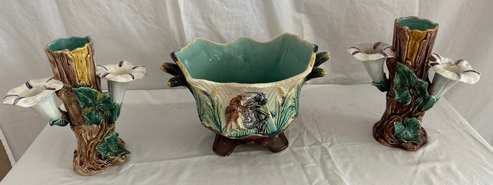 Pair of Majolica Vases and Footed Bowl (1 of 7)