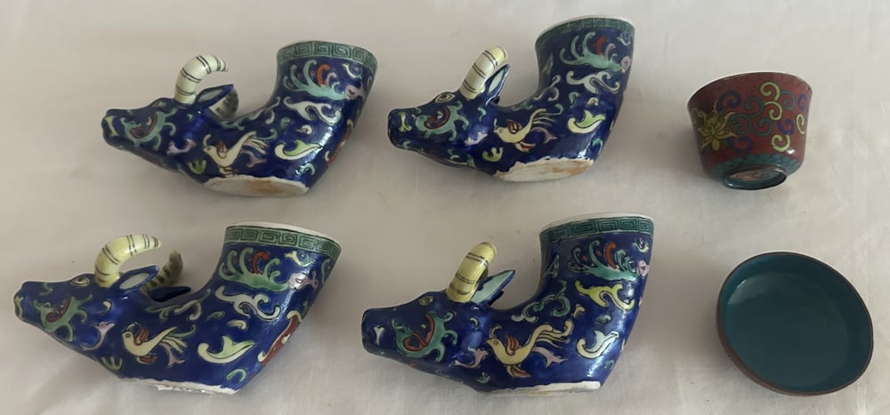 Chinese Porcelain Rhyton Cups, Cloisonne Cup and Bowl (1 of 1)