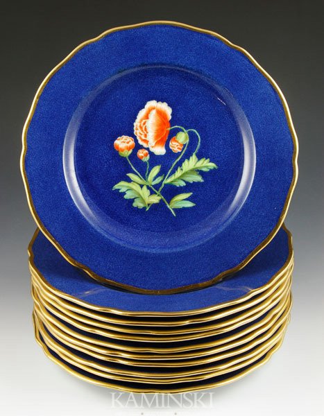 Set of 11 Spode Copeland China: Set of eleven "Spode Copeland China - England" plates, each hand-painted in center with different floral sprigs surrounded by overall dark blue, gold border band, 9"dia.