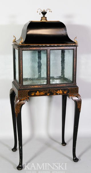 Early Chinoiserie Terrarium: Early Chinoiserie terrarium, probably English, Chinese Chippendale gold decorations, single blown glass insert, dolphin finial, 58" h x 25". Some imperfections, owner paid $4500.