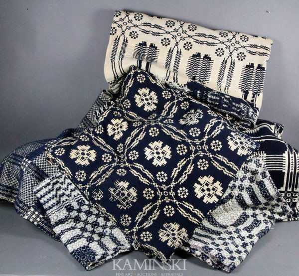 Lot of Jacquard Loom Wool Blankets and Pieces: Lot of Jacquard Loom wool blankets and pieces, includes a blue and white wedding ring design having one edge unfinished 84"h x 77"w, one paved design having one end unfinished and one side having an e