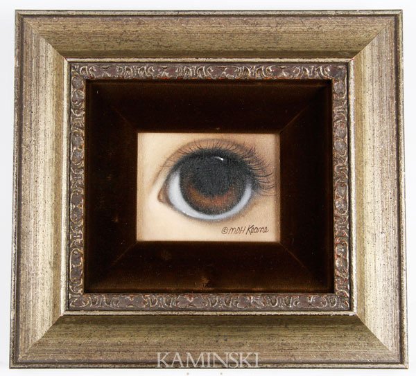 Keane, Brown Eye, O/C: Margaret Keane (American, b.1927), brown eye, oil on canvas, signed 3 1/2" x 4 1/2" (image), 11" x 11 1/2" (frame).