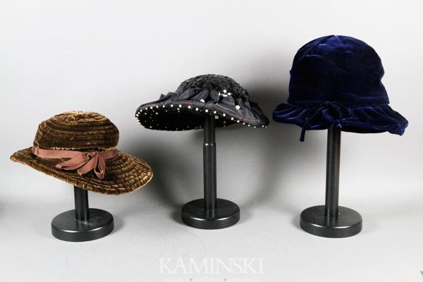 3 Vintage Winter Hats: 3 Vintage winter hats, 1 black having sequins and faux pearls, 1 brown velour with a bow, one midnight blue velour with a bow, two of these hats are from Filenes of Boston.