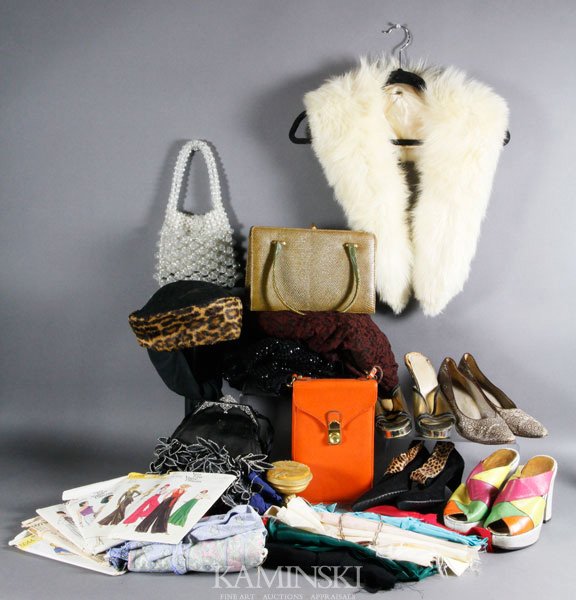 Box Lot of Fashion Items and Supplies: Box lot, to include: purses, shoes, furs, fabrics, sewing patterns, one beaded jacket, etc. Various conditions.