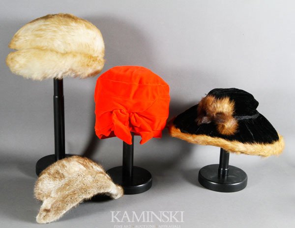 4 Vintage Winter Hats: Lot of four vintage winter hats, to include; one orange/red velvet hat with bow; one small brown fur hat with elastic band; one wide brim black velvet hat with fur trim and hat pin, from The French Sh