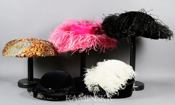 5 Vintage Winter Hats: 5 Vintage Winter Hats, Weathern's hot pink felt having pink feathers around, Jille peasant and assorted feathers wide brim hat, black felt, wide brim at front, faux pearl and beading under brim, Roger