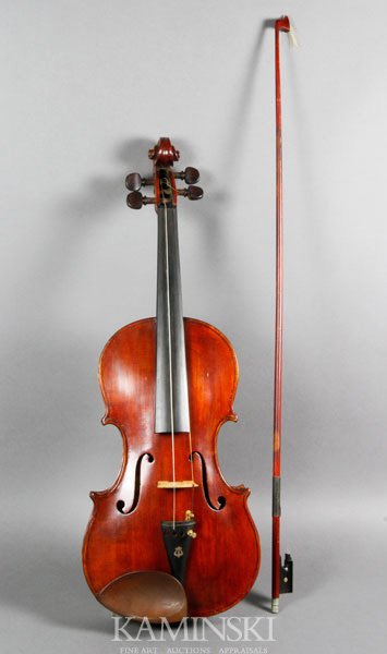 Early Violin: Early violin with grafted scroll, two piece medium curl back, old refinish, back 14".