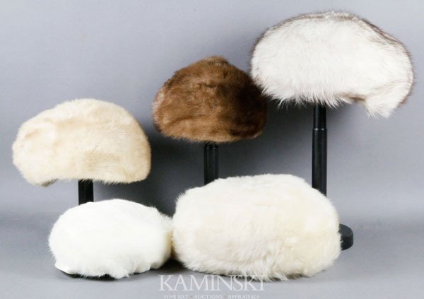 5 Vintage Winter Hats: 5 Vintage Winter Hats, 4 fur and 1 wool, labels include: Dexters of Salem Massachusetts, Bonwit Teller, one label in Russian.