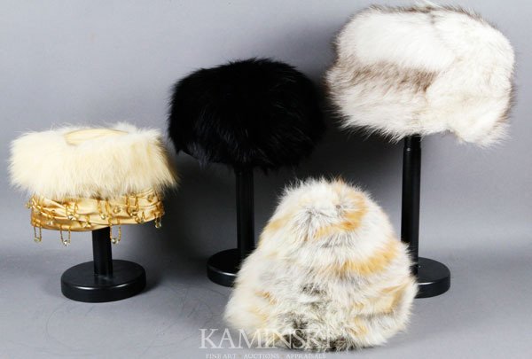 4 Vintage Winter Hats: 4 Vintage winter hats, 4 fur (and red fox fur), labels include: Voila Paris and unlabeled, some having embellishments, in hat boxes.