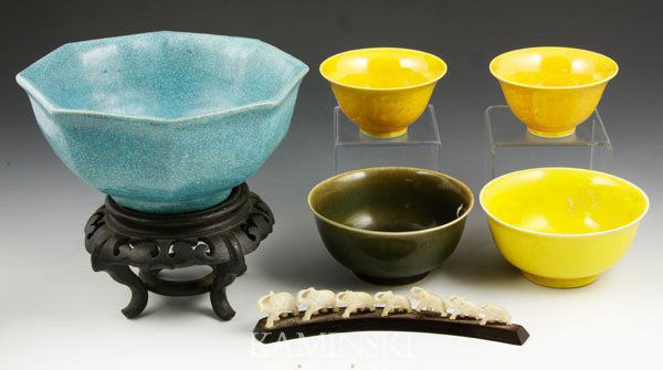 Miscellaneous Lot of Asian Items: Miscellaneous lot of Asian items, to include: blue pottery bowl, marked China; signed olive and tan porcelain bowl; signed yellow porcelain bowl; two signed yellow porcelain bowls with dragon decorati