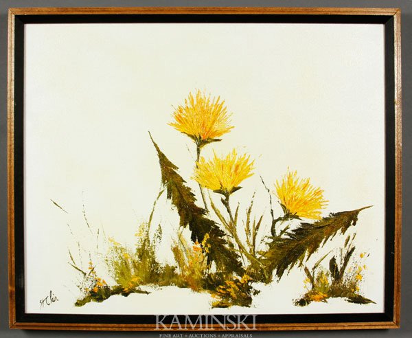 2 Work of Art: Lot of two works of art, to include: Victor Ing, "blue Butterfly", oil and collage, signed lower right, 10"h x 8"w (sight), 16 1/4"h x 13 1/8"w (frame); St. Clair, dandelions, oil on canvas, signed lo