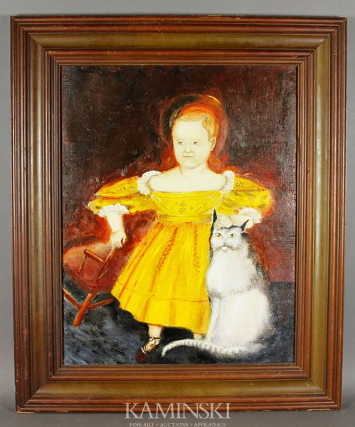 Folk Art Painting, O/P: Folk art painting of a boy with a cat, oil on panel, unsigned 24" x 19", (image), 31" x 26" (frame).