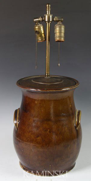 19th C. Pottery Table Lamp: 19th century large ovoid pottery bean pot with eared handles converted into a table lamp, 12 1/3"h, 9"dia.