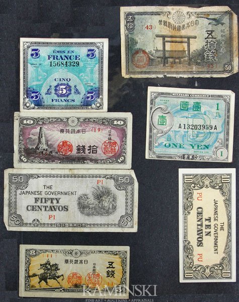 4 Pages of Scrip Paper Money and Postage Stamps: Four pages: Japanese WWII scrip paper money, some Vietnamese, non-cancelled US postage 4 cents and 3 cents on G.A.R. envelope (Lynn, Mass.).