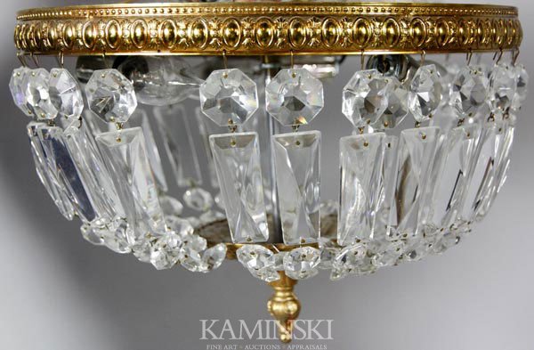 Crystal Ceiling Light: French style flush mount ceiling light having hanging prisms and mirrored top, 9"h x 12"dia. Missing some crystals.