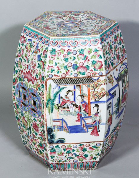 19th C. Chinese Export Famille Rose Garden Seat: 19th Century Chinese export famille rose hexagonal form garden seat, 19"h x 15"w.