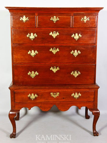 18th C. Queen Anne Highboy: 18th century Queen Anne cherry maple highboy, label inside "Sold The Colony Shops 397 Madison Ave, NY", 59" h x 42 1/2" x 22".