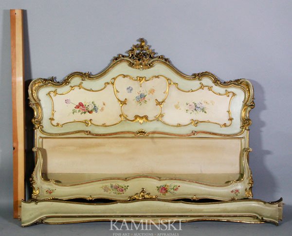 Monumental Hand Painted And Gilt Bedroom Suite: Monumental hand painted and gilt bedroom suite to include: one armoire, one bed, two chairs and two wall tables, signed Bergamini, paint decorated, six decorative gilded doors, 83" h x 122" l x 24" d.