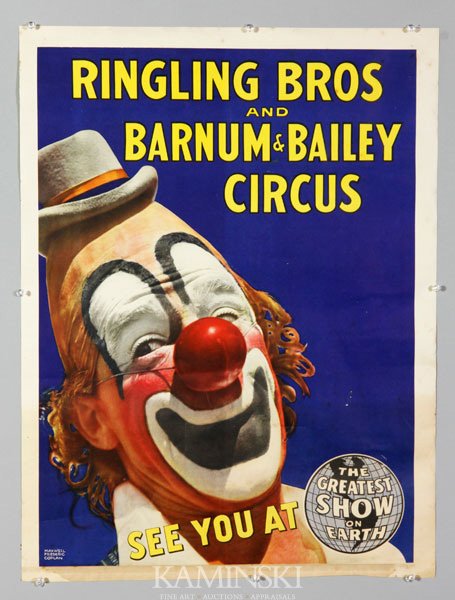 6 Ringling Brothers and Barnum and Bailey Circus : Lot of 6 early Ringling Brothers and Barnum and Bailey Circus posters to include; one Maxwell Frederic Coplan, clown half-sheet, surface scrapes, edge tears and browning; one Bill Bailey clown, half s