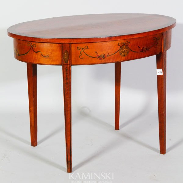English Edwardian Oval Table: English Edwardian oval table, 30" w x 20" d. Normal cracking to finish.