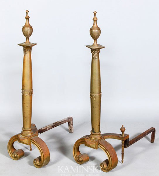 Impressive Pair of Brass Andirons: Impressive pair of brass andirons having urn finials, 36"h x 11 1/2"w.