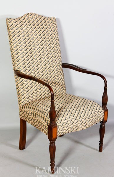 Late 20th C. American Federal Style Lolling Chair: Late 20th century American federal style mahogany lolling chair, having satinwood inlay, raised on bulbous reeded legs, 48"h x 25"w x 26"d.