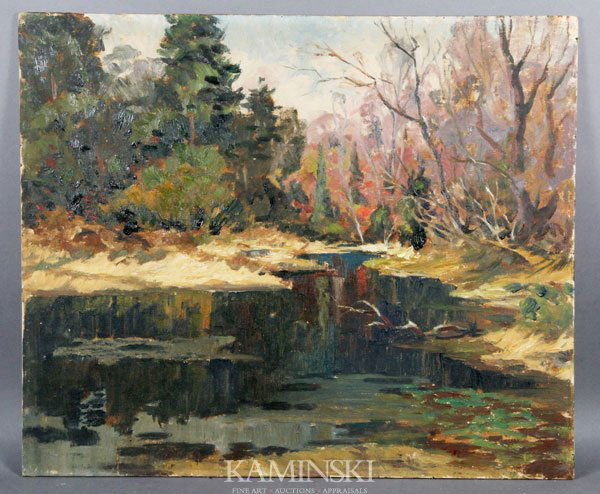 Group of 4 Landscapes: Group of four landscapes: winter scene, oil on board, signed Peggy lower left, 16" x 20", 20 1/4" x 24" (frame); woods, oil on board, unsigned, 20" x 24" (unframed); men at encampment, oil on canvas,